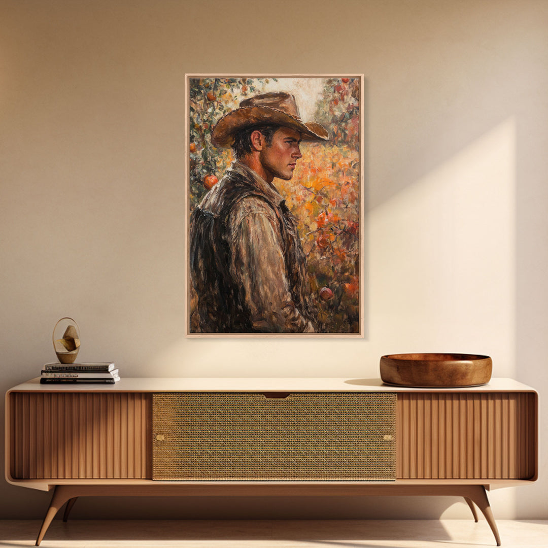 Thoughtful Cowboy in Orchard Canvas Print with Fall Colors, Rustic Western Art, Autumn Decor Gift, Vintage Wall Art, Large Canvas Print