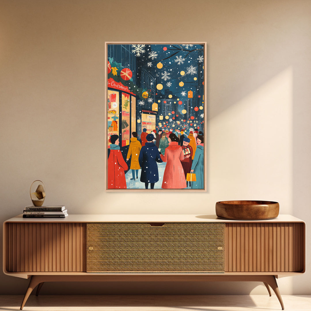 Retro City Christmas Shopping Scene Framed Canvas Print Tall Art With People In Coats And Snow, Vintage Holiday Wall Art Decor