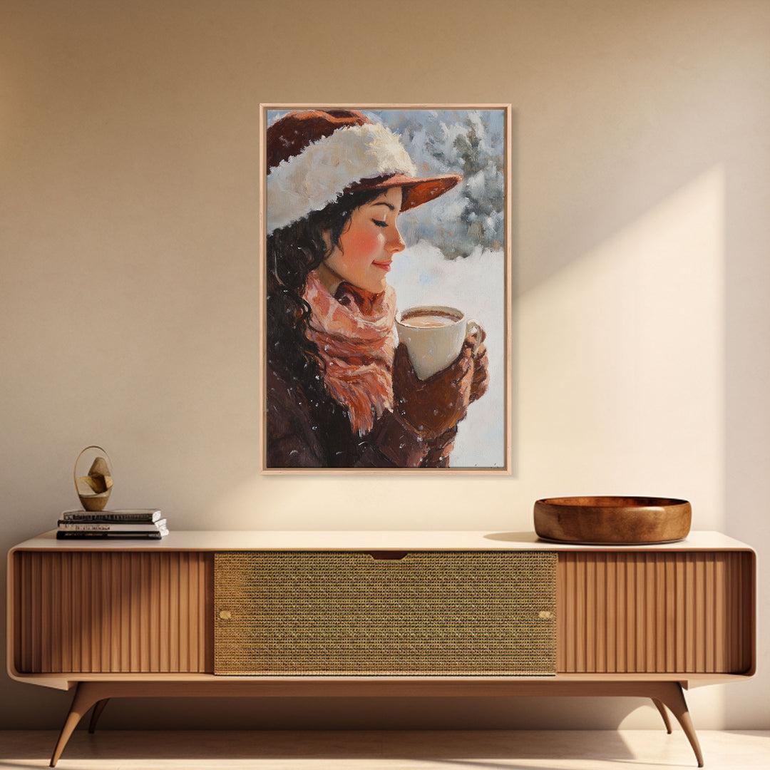 Framed canvas print of a peaceful winter scene with a woman a hot chocolate perfect for holiday gift idea or rustic Christmas wall art decor