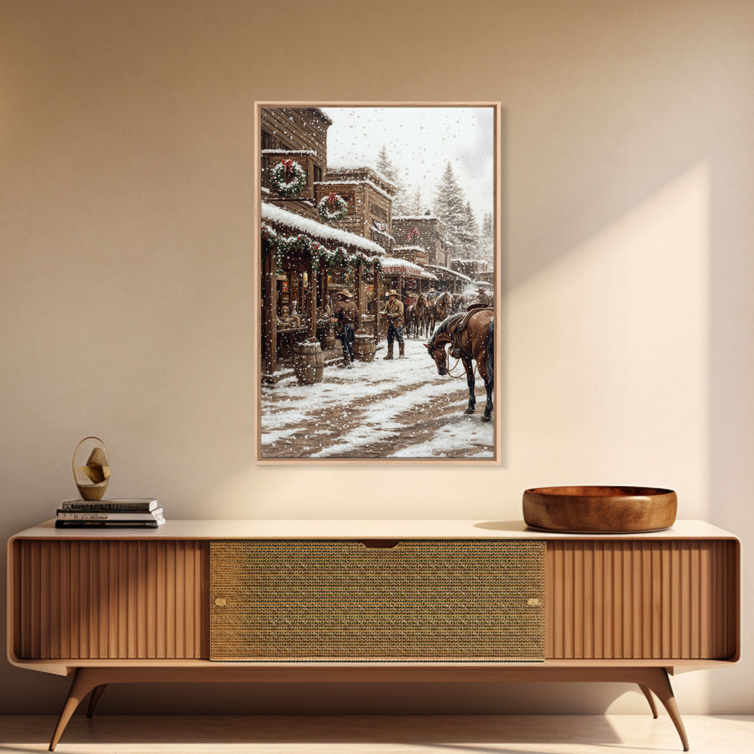 Nostalgic Cowboy Christmas Scene Framed Canvas Print Tall Art With Snowy Western Town, Rustic Wall Art Vintage Christmas Home Decor