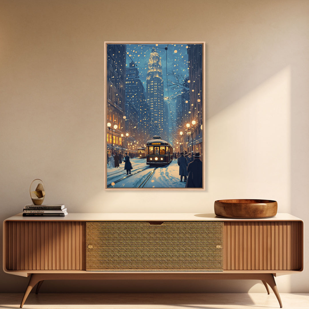 Snowy Winter City Scene Holiday Lights Framed Canvas Print Christmas Wall Art Urban Christmas Decor Holiday Gift Christmas Tree Art Gift