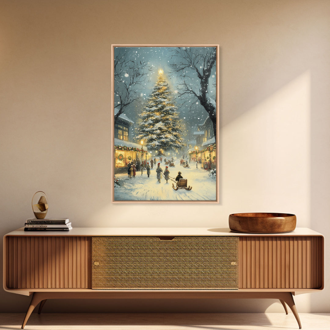 Christmas Tree Village Snowy Winter Scene Framed Canvas Print Christmas Wall Art Christmas Decor Christmas Tree Art Holiday Gift Winter Art