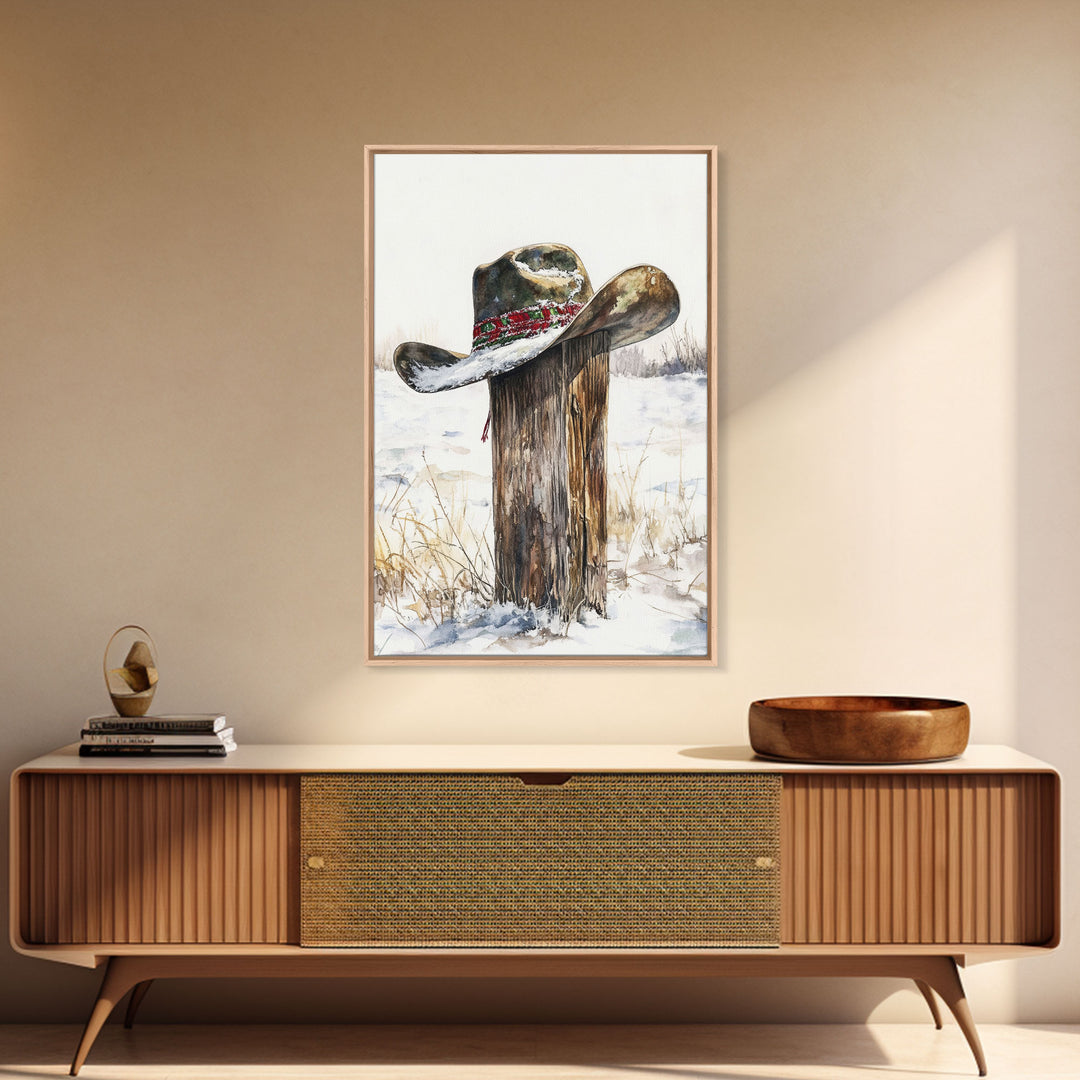 Rustic cowboy hat on snow-covered post, Framed Canvas Print, winter western decor, farmhouse Christmas art, above sofa art rustic homes