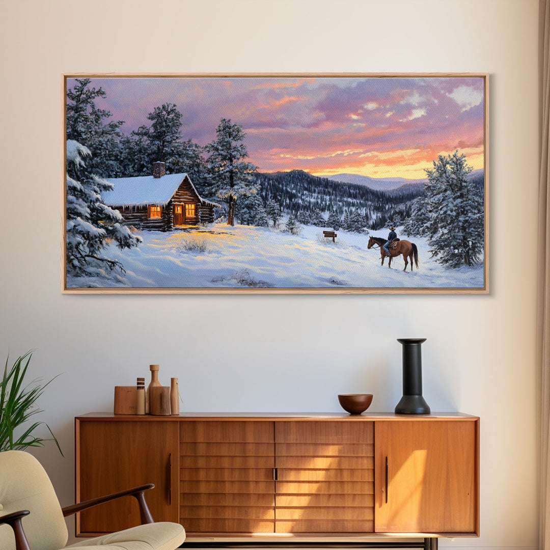 Large Cabin Winter Scene Framed Canvas Print Perfect Wall Art Home Decor, Rustic Christmas Art, Winter Art Print Gift Seasonal Wall Decor