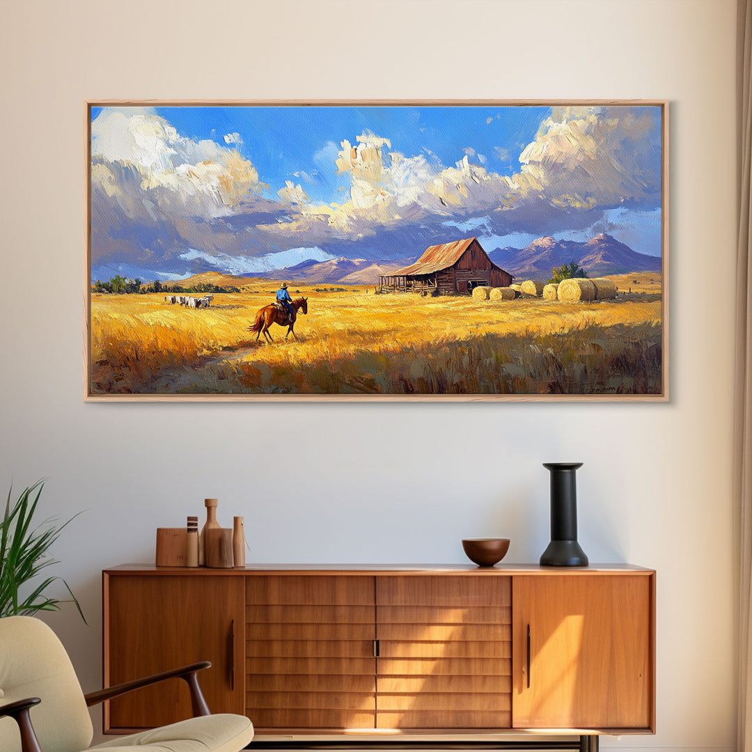 Lone Rider Crossing Golden Fields Tall Art Framed Canvas Print Rustic Cowboy Riding Horse Farmhouse Country Landscape With Cloudy Sky