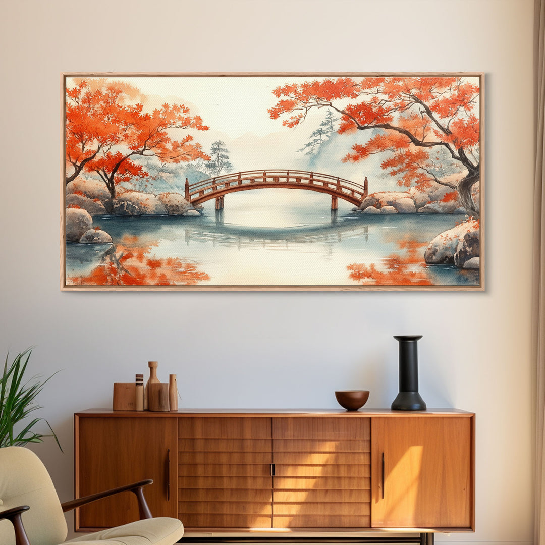 Tranquil Japanese Autumn Bridge Framed Canvas Print Fall Nature Scene Art Minimalist Wall Decor Seasonal Holiday Gift Idea 2024