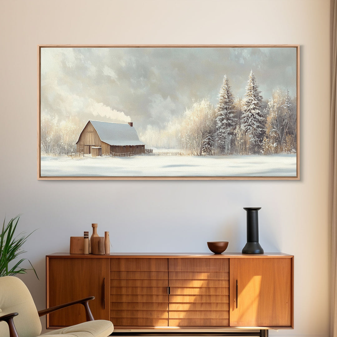 Snowy Barn In Winter Wonderland Tall Art Framed Canvas Print Tranquil Rustic Barn Covered In Snow With Pine Trees Winter Landscape