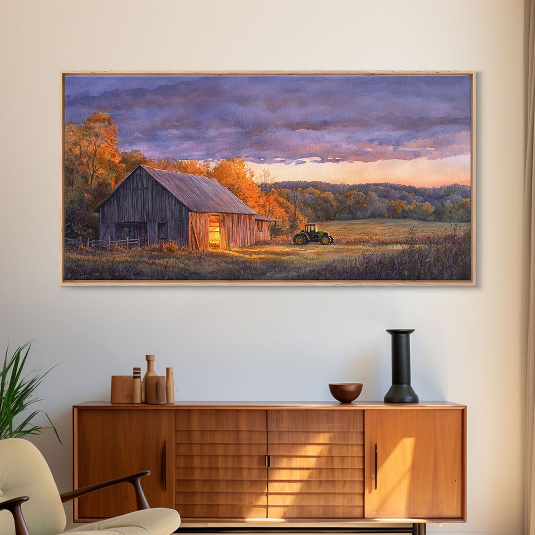 Rustic autumn farmhouse decor Canvas Print sunset landscape with tractor and barn moody landscape fall decor autumn wall art gift idea