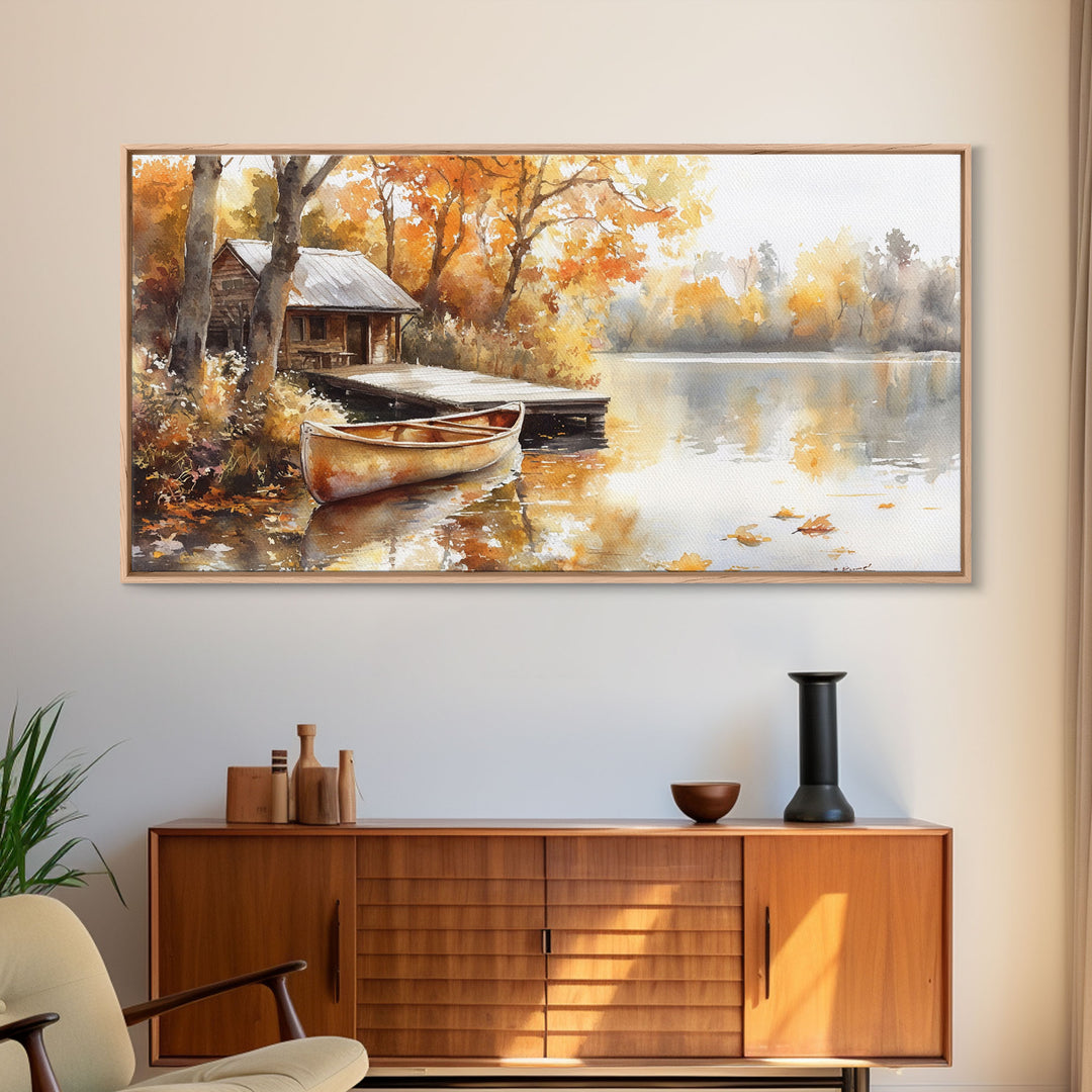 Autumn lakeside cabin decor Canvas Print fall colors cabin and canoe moody landscape rustic seasonal wall art autumn home decor gift idea