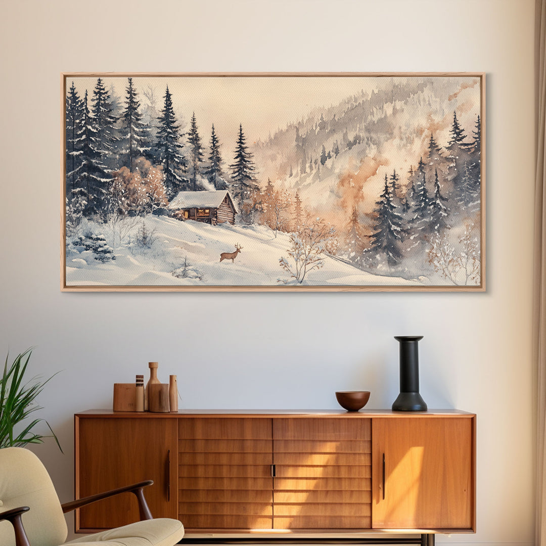 Christmas winter cabin Canvas Print snowy mountain cabin deer cozy holiday wall art winter wonderland seasonal decor Christmas gift idea