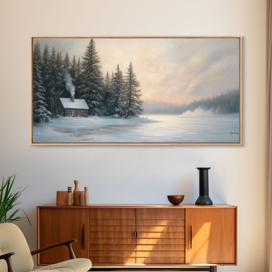 Winter Cabin By The Lake Tall Art Framed Canvas Print Snow Covered Cabin In Peaceful Forest With Winter Wonderland Scene