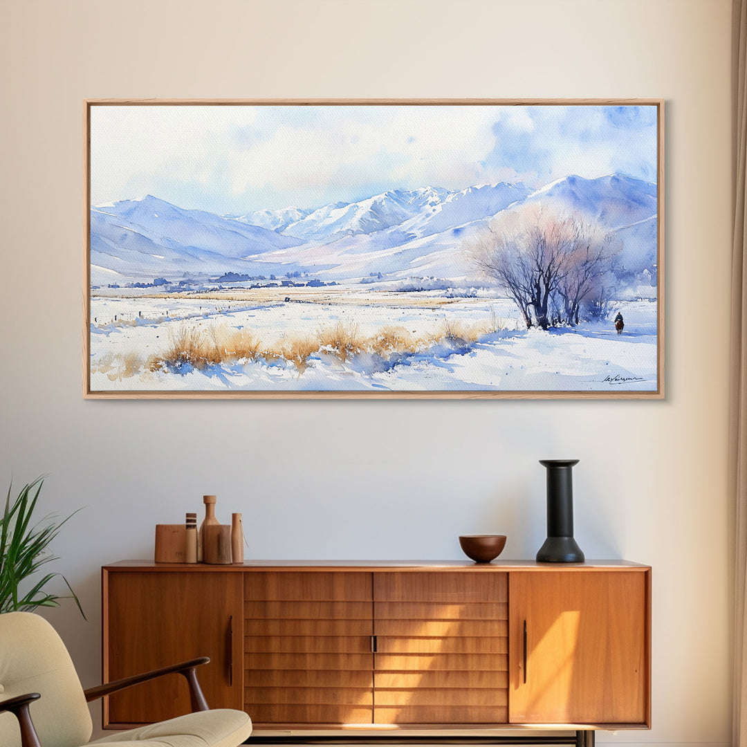 Winter's Tranquil Horizon - winter wall art, snowy mountain art, Christmas wall art, farmhouse Christmas decor, winter wonderland