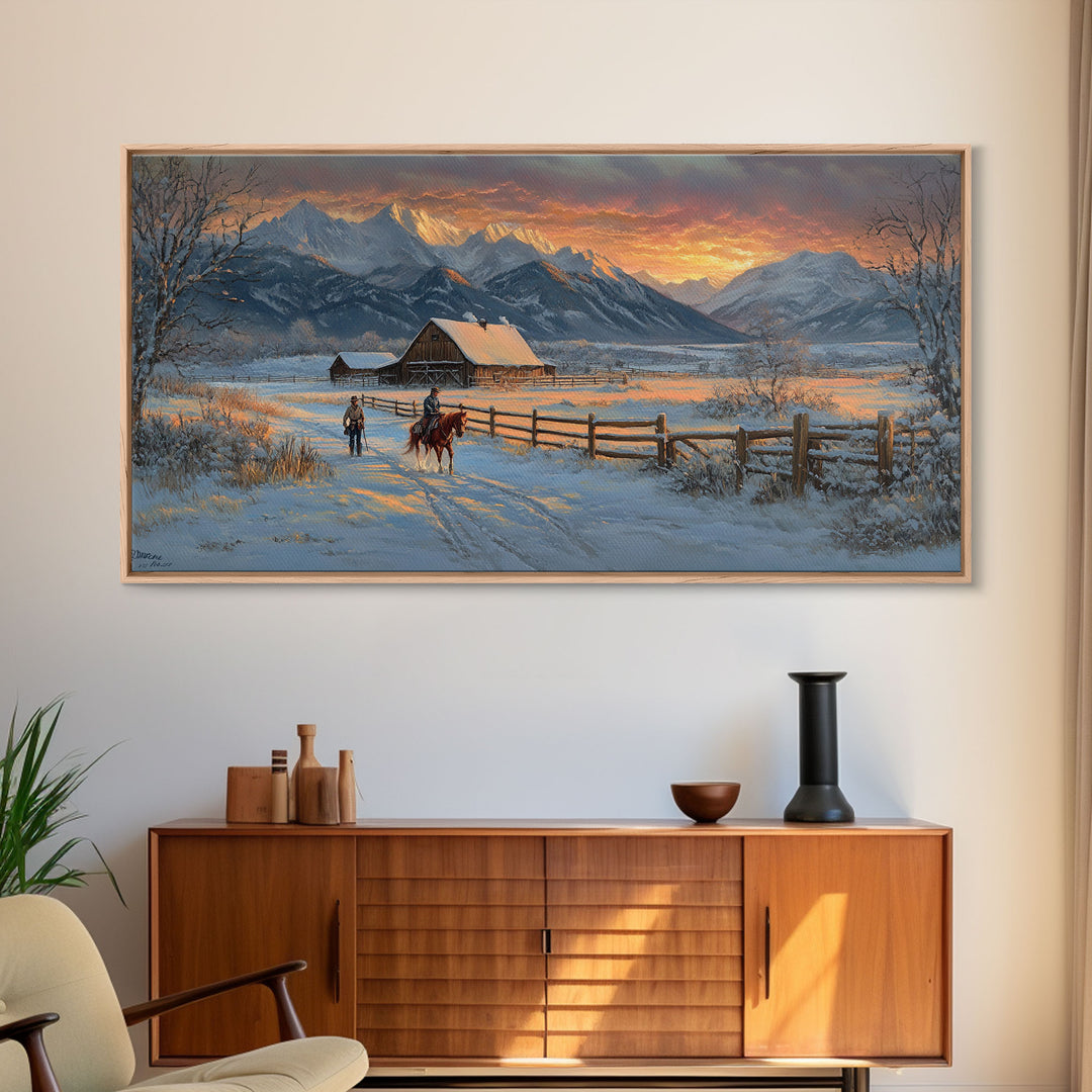 Dawn on the Frontier - Christmas scene art, winter wonderland, rustic Christmas art, Christmas farmhouse decor, snowy mountain art