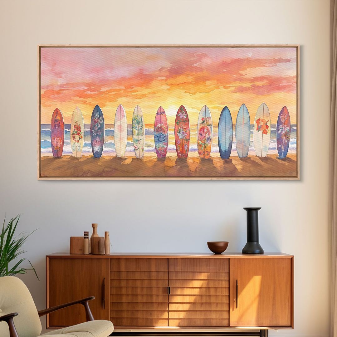 Vibrant Sunset Beach Art Surfboard Canvas Print Tropical Beach Wall Art Framed Canvas Print Fall Beach Scene Autumn Surfboard Decor