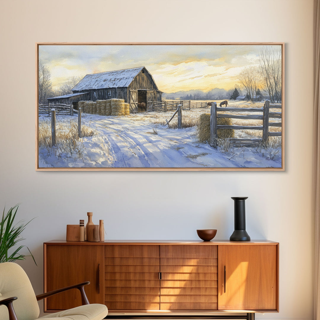 Snowy Barn Horses Canvas Print Winter Landscape Art Farmhouse Christmas Wall Art Framed Canvas Print Rustic Christmas Outdoor Decor