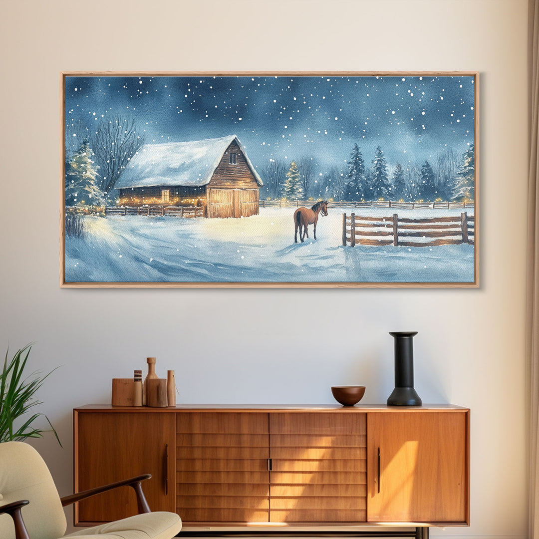 Snowy Horse Barn Canvas Print Christmas Farmhouse Decor Winter Wonderland Art Framed Canvas Print Christmas Outdoor Wall Art