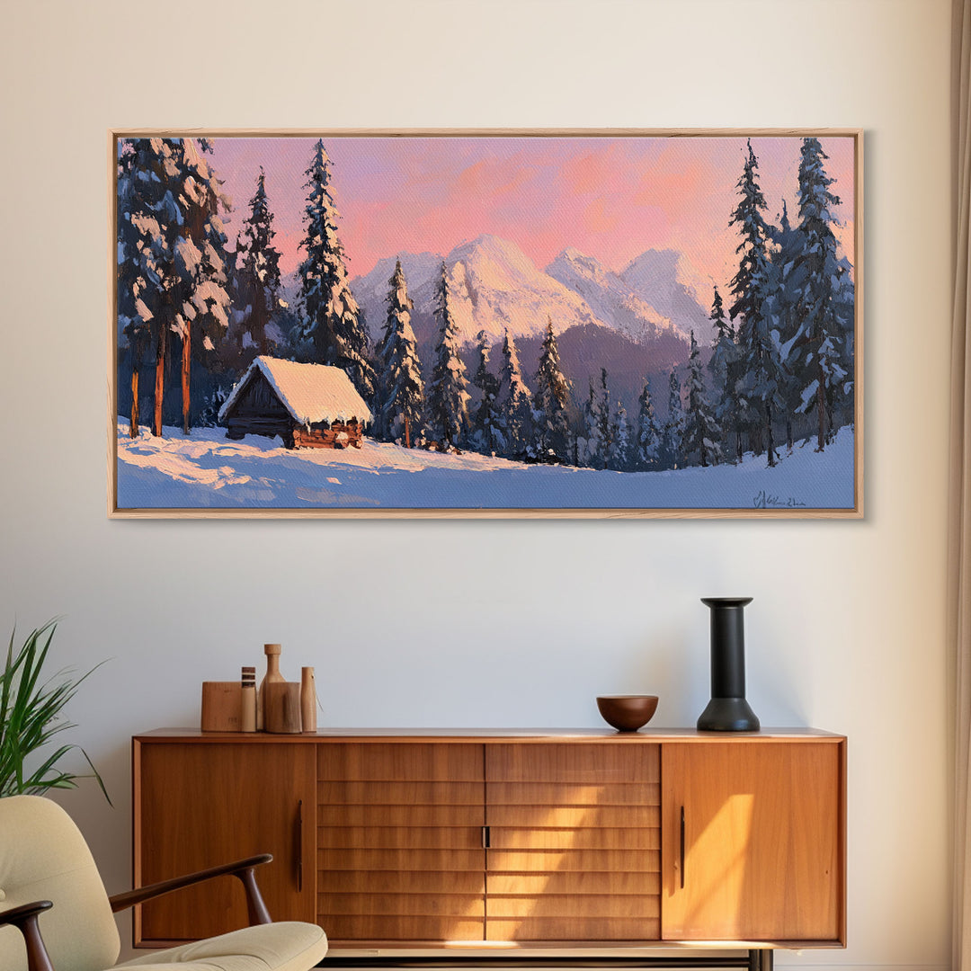 Snowy Mountain Cabin Tall Art Framed Canvas Print Cozy Winter Cabin Nestled In Snowy Forest With Majestic Mountain Landscape