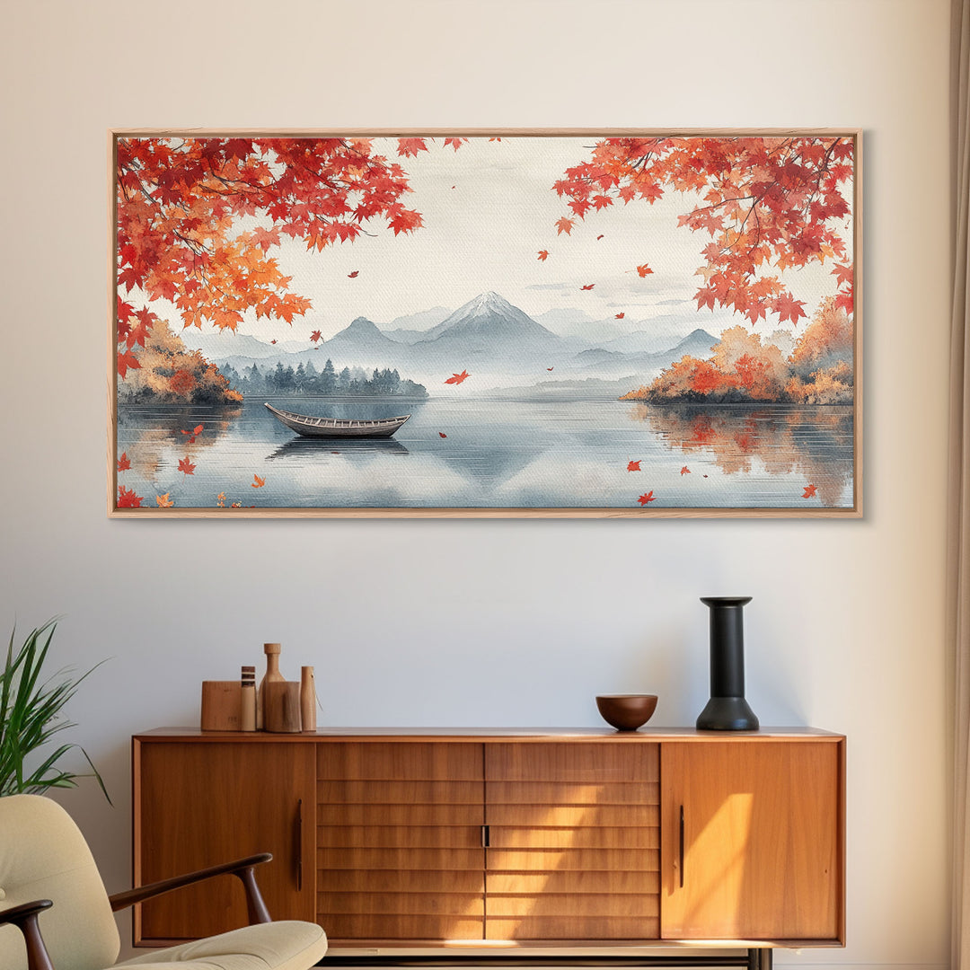 Mountain lake autumn art, fall leaves and boat decor, peaceful autumn landscape, serene fall wall art, framed canvas print, autumn decor