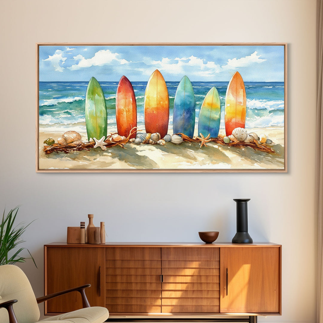 Colorful surfboards Christmas wall art, beach holiday decor, coastal Christmas art, framed canvas print, tropical Christmas art gift