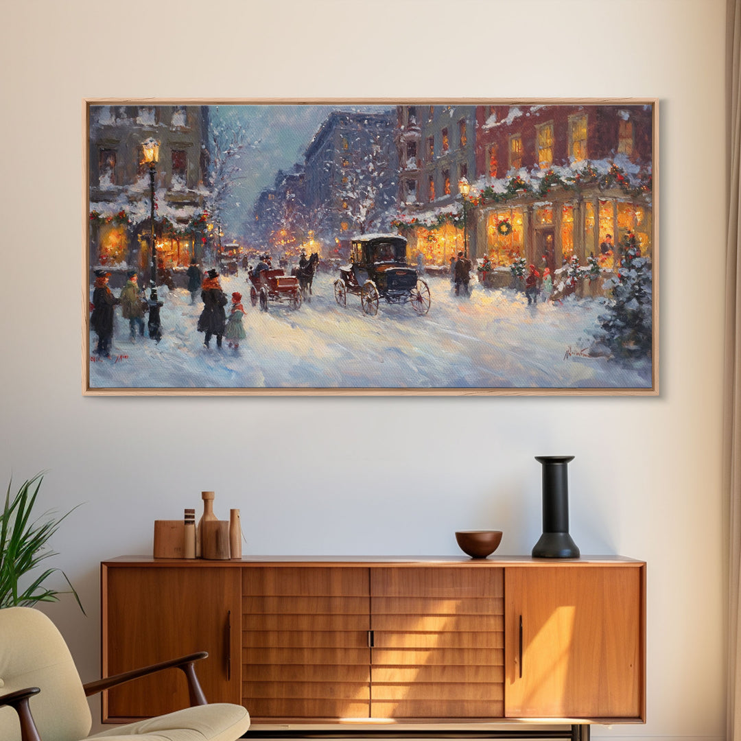 Victorian Christmas Market Tall Art Framed Canvas Print Winter Street Scene With Holiday Decorations And Horse-Drawn Carriages In Snow