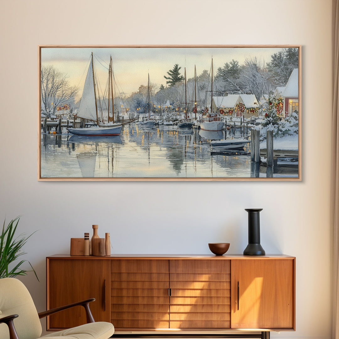 Snowy Boats at a Festive Pier Scene, Framed Canvas Print, Coastal Christmas Decor, Art, Winter Wonderland, Nautical Christmas Wall Print