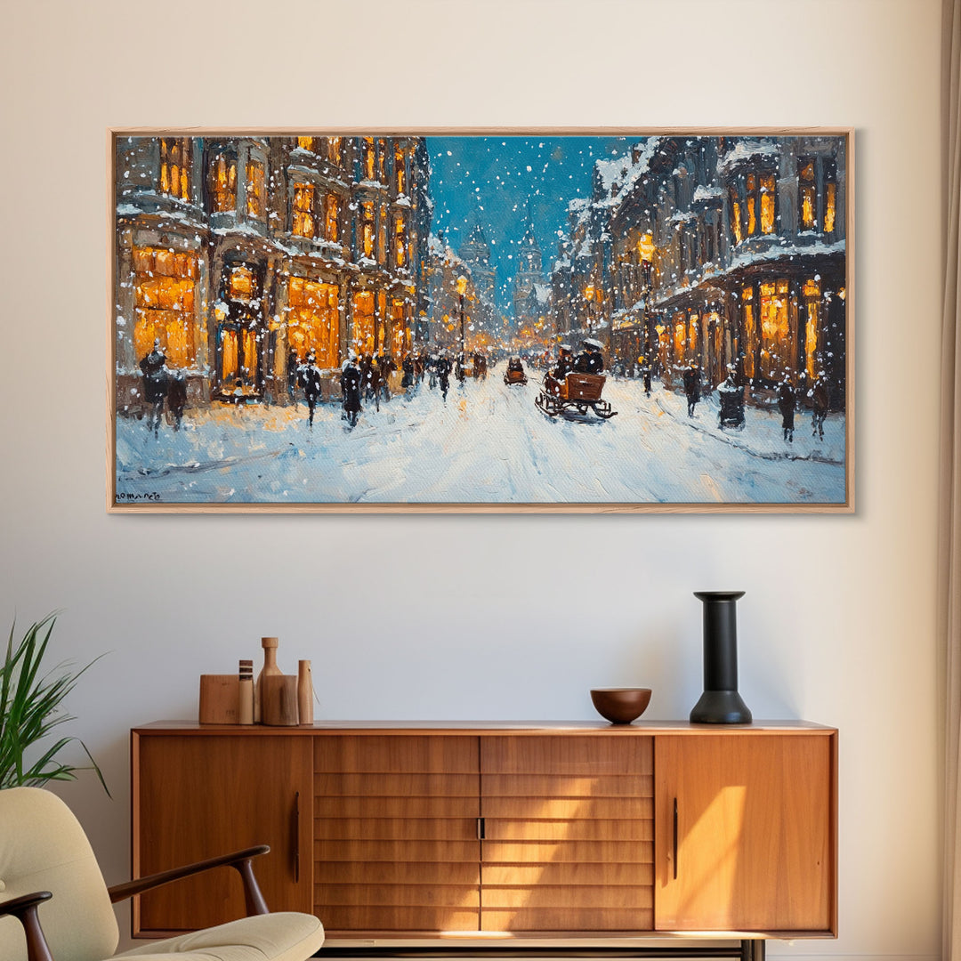 Large Framed Canvas Print Winter Wonderland Snowy City Street Art with Horse Carriage Perfect Christmas Home Decor Holiday Wall Art