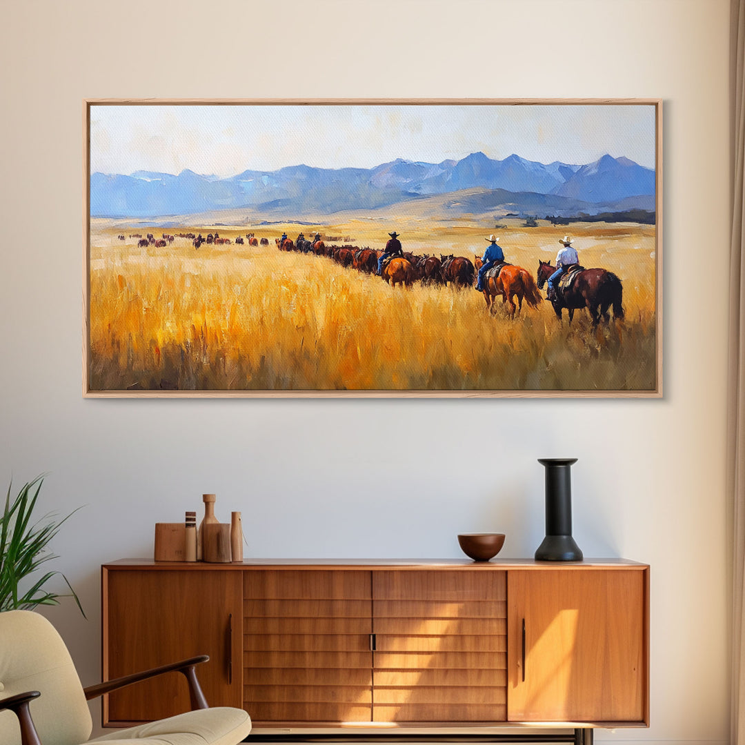 Cowboys Framed Canvas Print Western Country Horse Ride Scenic Art Large Landscape Wall Decor Ideal Holiday and Ranch Home Gift