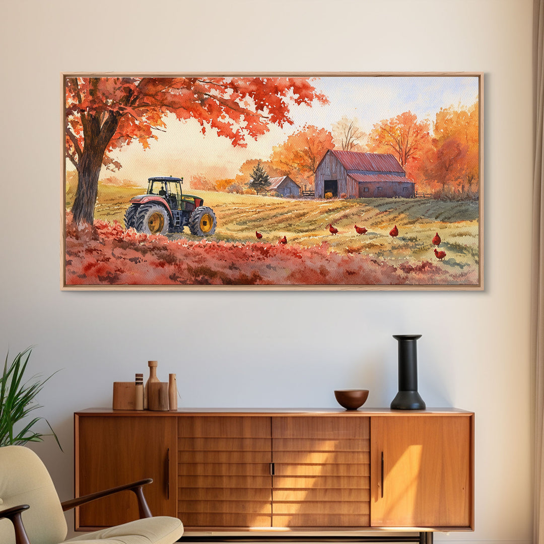 Tractor in Fall Field with Barn, Watercolor Wall Art, Farmhouse Autumn Decor, Framed Canvas Print, Home Decor, Above Sofa Art, Gift Idea