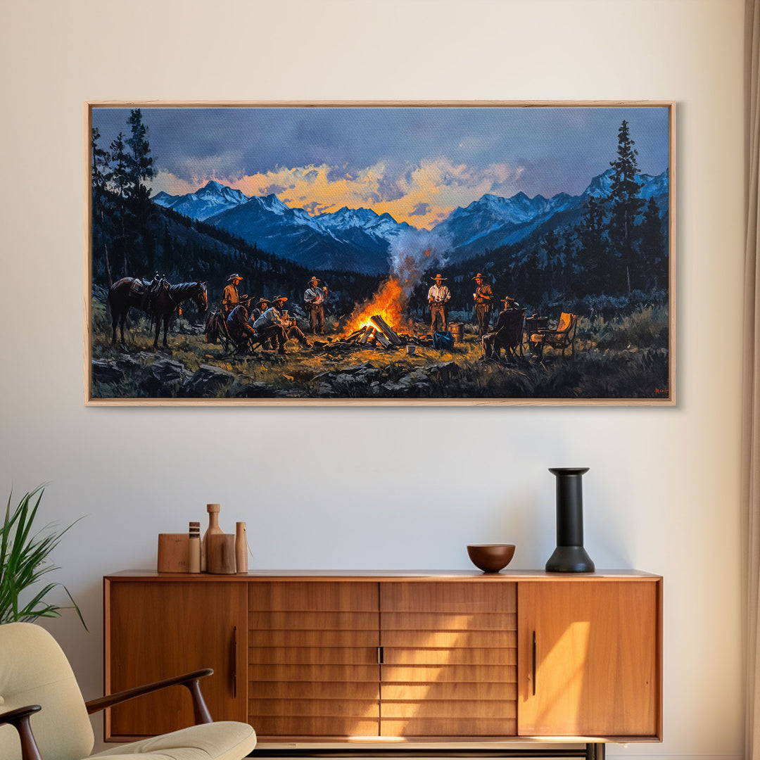 Framed Canvas Print Western Cowboys Campfire Evening Art Landscape Rustic Winter Mountain Home Decor Extra Large Wall Art Gift