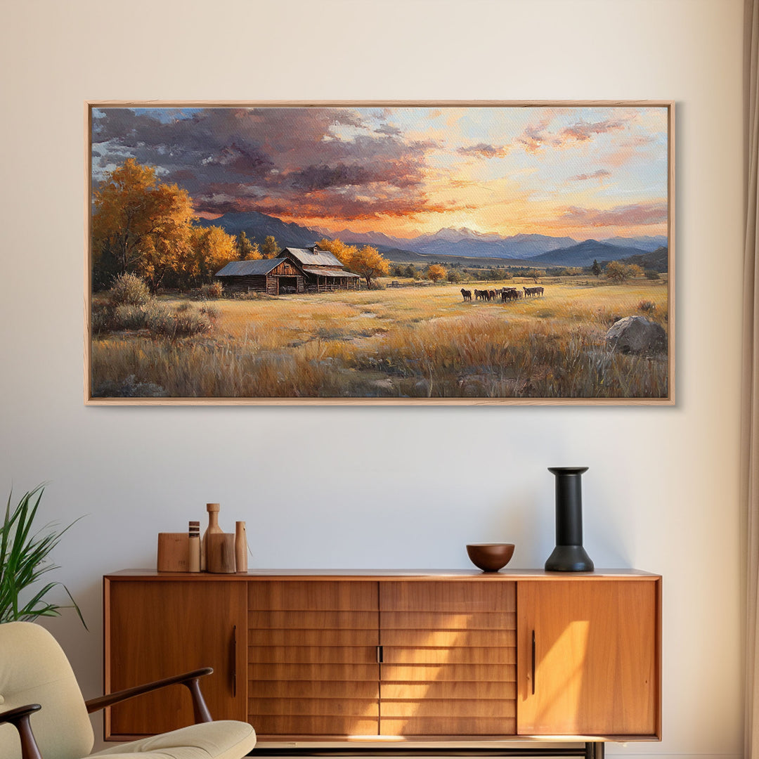 Sunset Ranch Framed Canvas Print Scenic Landscape Art Autumn Mountain Wall Decor Ideal Holiday and Fall Home Decor Extra Large Art