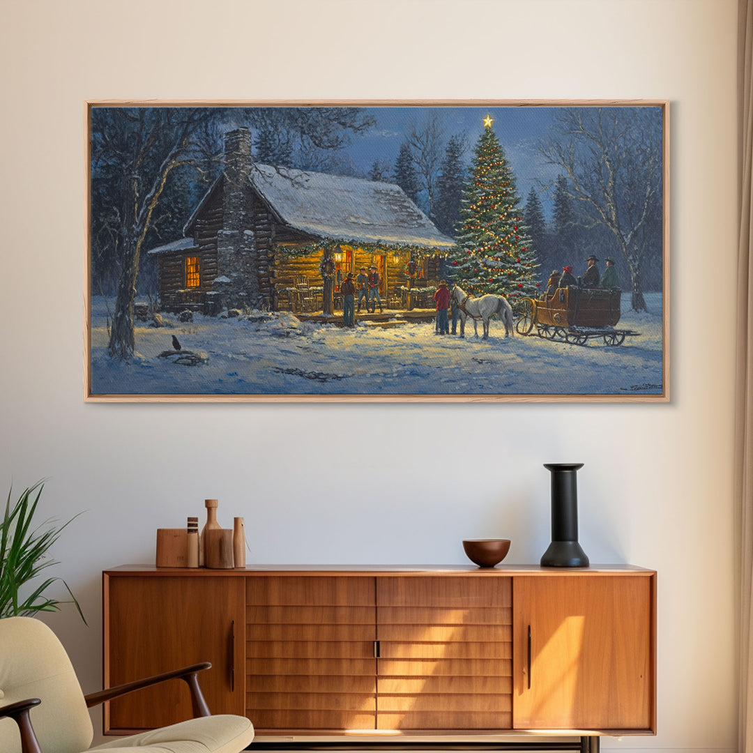 Winter Christmas Framed Canvas Print Cabin Christmas Tree Scene Wall Art Large Christmas Decor Perfect Rustic Holiday Wall Art