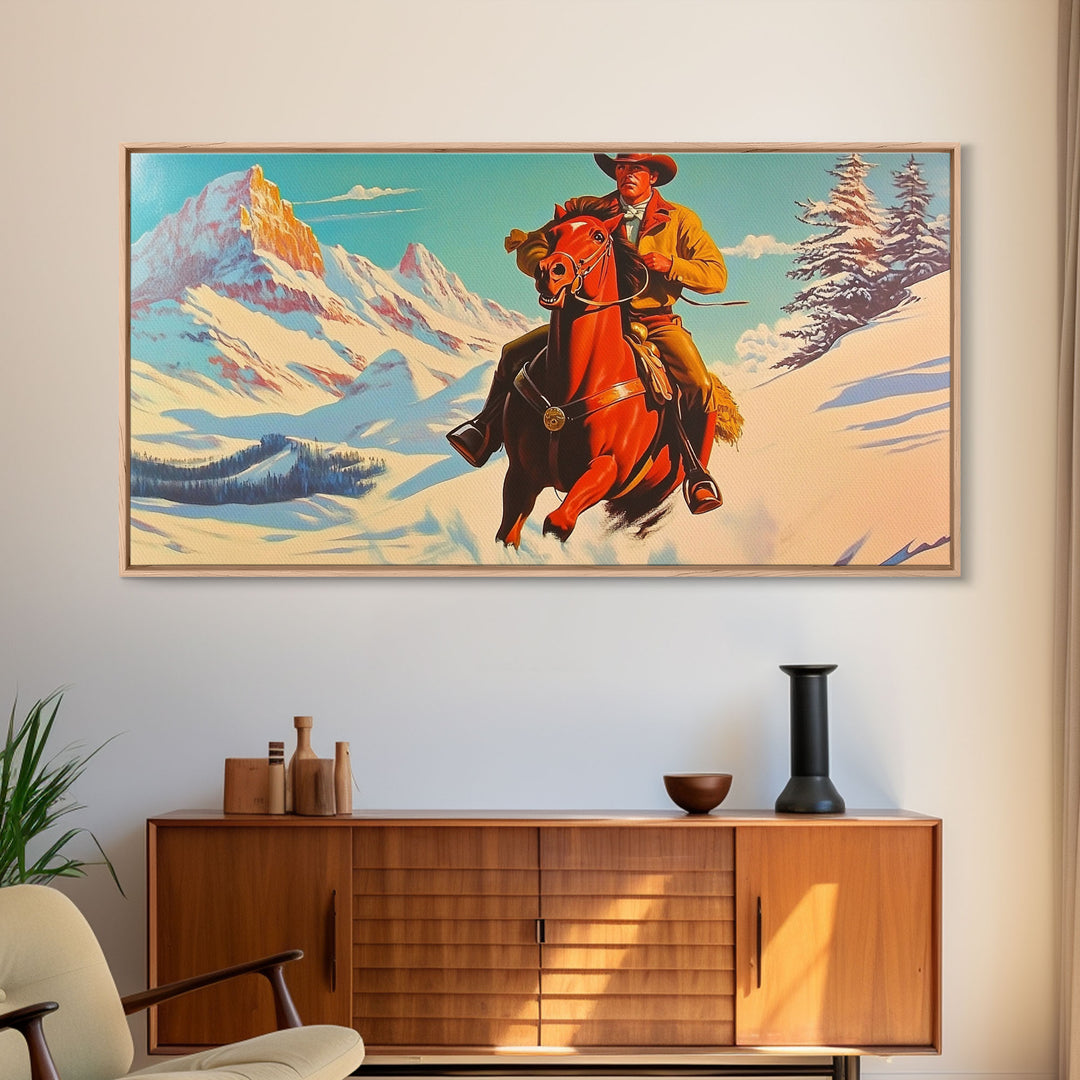 Cowboy in red jacket riding through snow-covered forest, Framed Canvas Print, vibrant winter wall art, rustic western decor