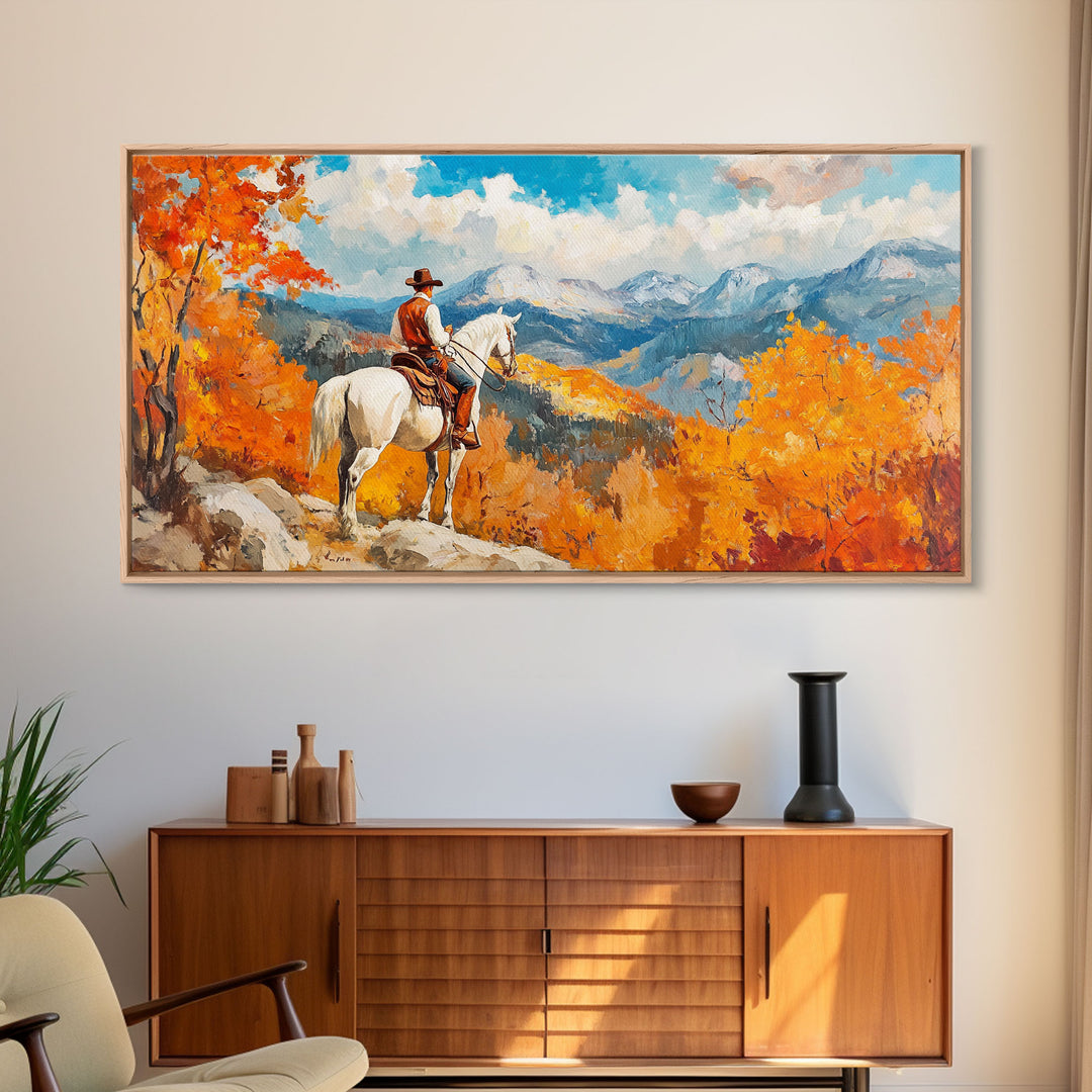 Cowboy on autumn swing, Framed Canvas Print, rustic Western art with vibrant fall, tall framed canvas print autumn decor farmhouse wall art