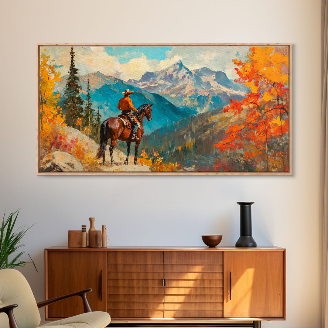 Female cowboy in fall forest, Framed Canvas Print, tall striking artwork rustic or modern farmhouse seasonal wall art