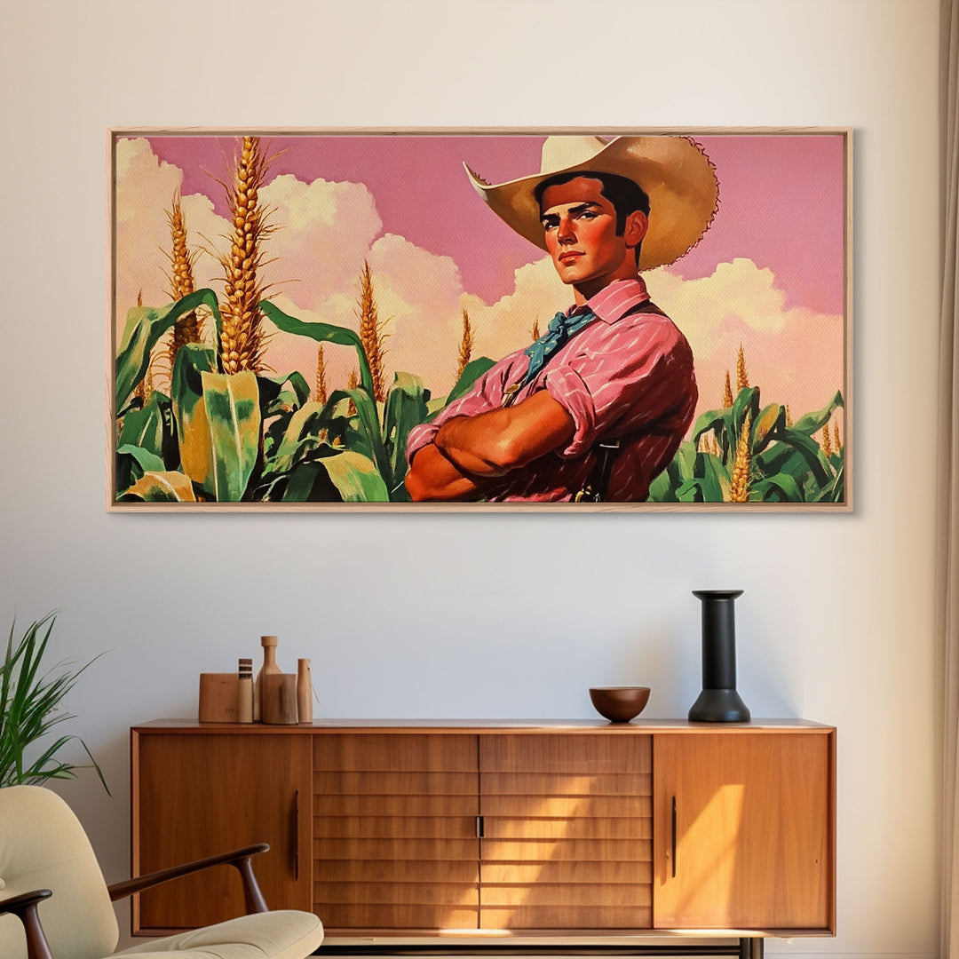 Snowy rural barn scene Framed Canvas Print showcasing a woman in a red coat cowboy hat walking through a winter landscape, farmhouse decor