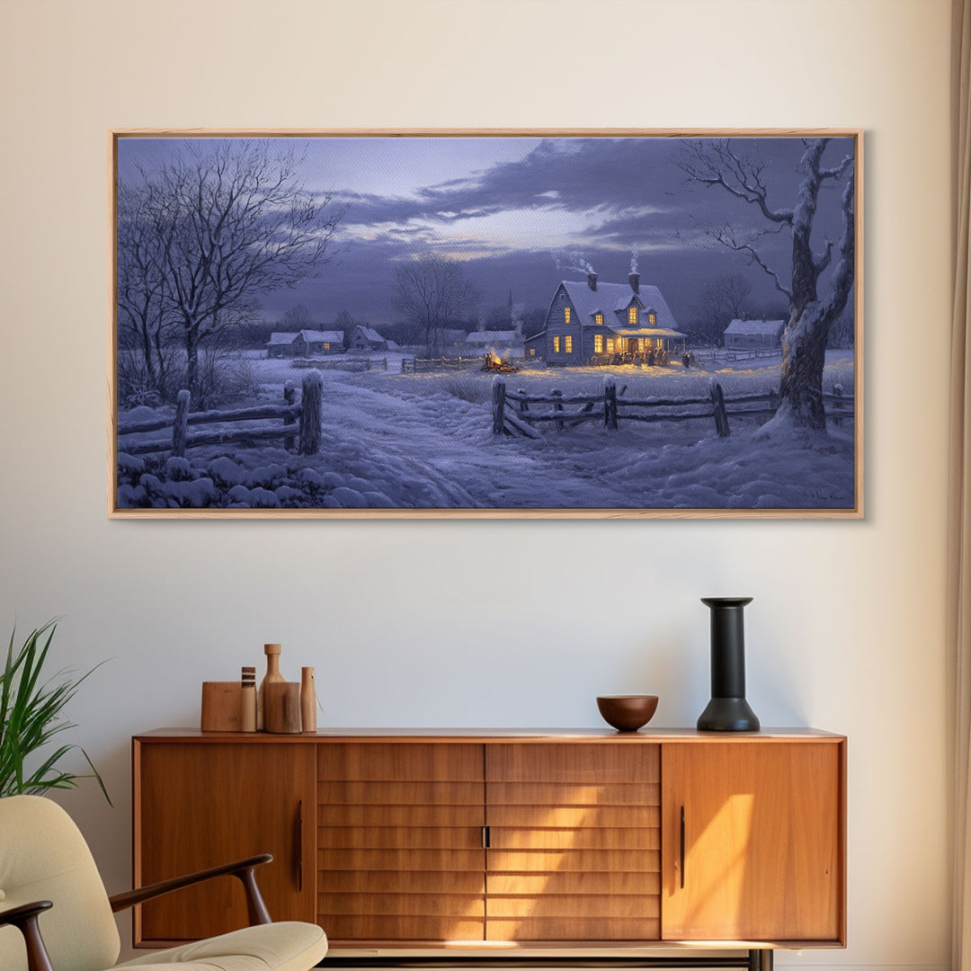 Moonlit Winter Night Scene Framed Canvas Print Christmas Decor, Winter Art Print, Moody Landscape Wall Art, Seasonal Holiday Gift