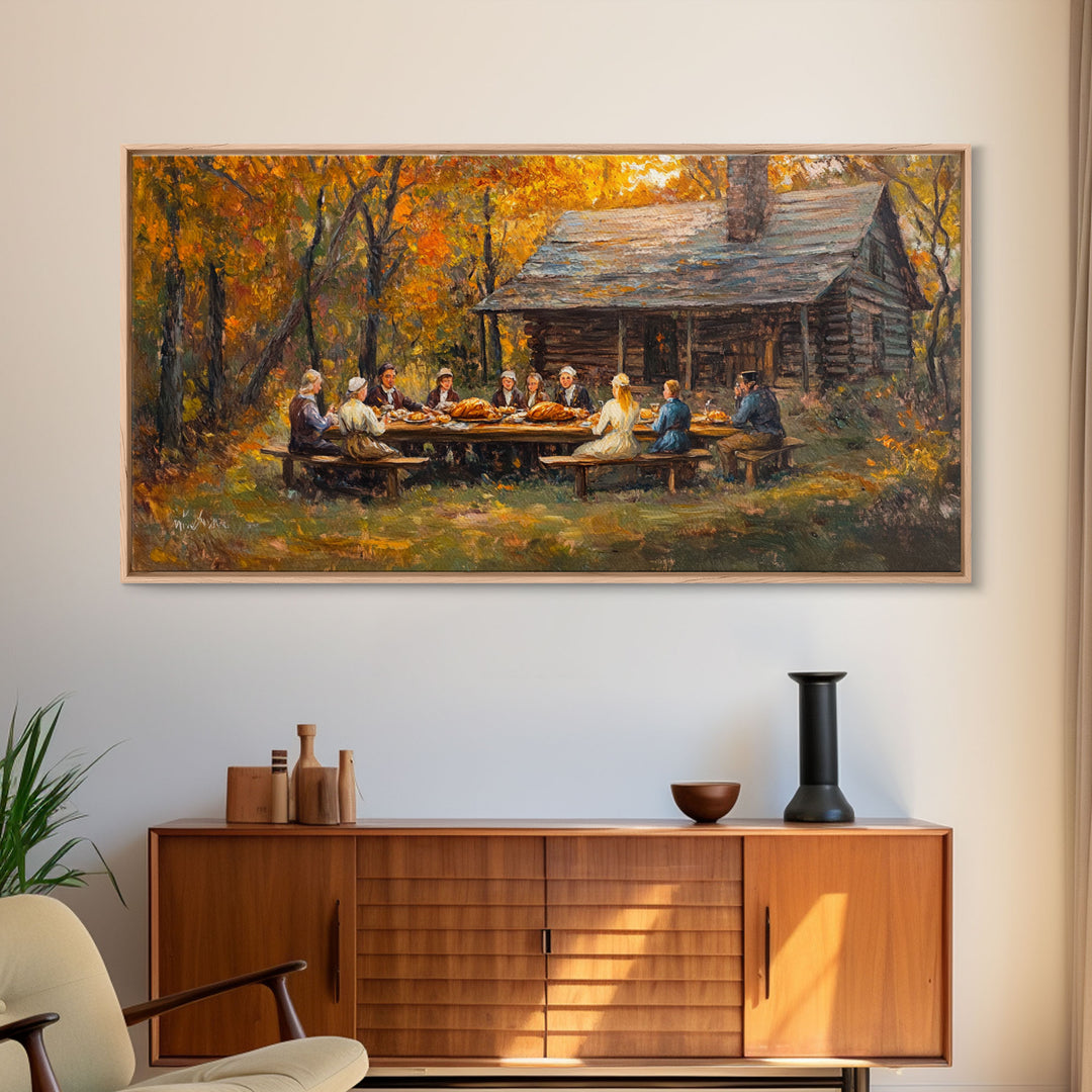 Thanksgiving Dinner With Family At Rustic Cabin, Cozy Fall Harvest Scene Wall Art, Warm Autumn Framed Canvas Print, Country Decor