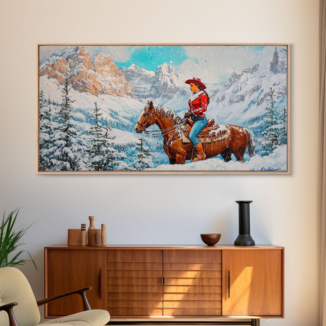 The Rider, Winter Cowgirl Framed Canvas Print, Farmhouse Western Decor, rustic winter wall art for holiday or seasonal decor