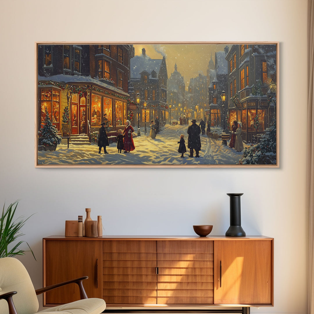 Victorian Christmas Street Scene With Families Shopping, Cozy Winter Wonderland Wall Art, Framed Canvas Print, Vintage Christmas Decor