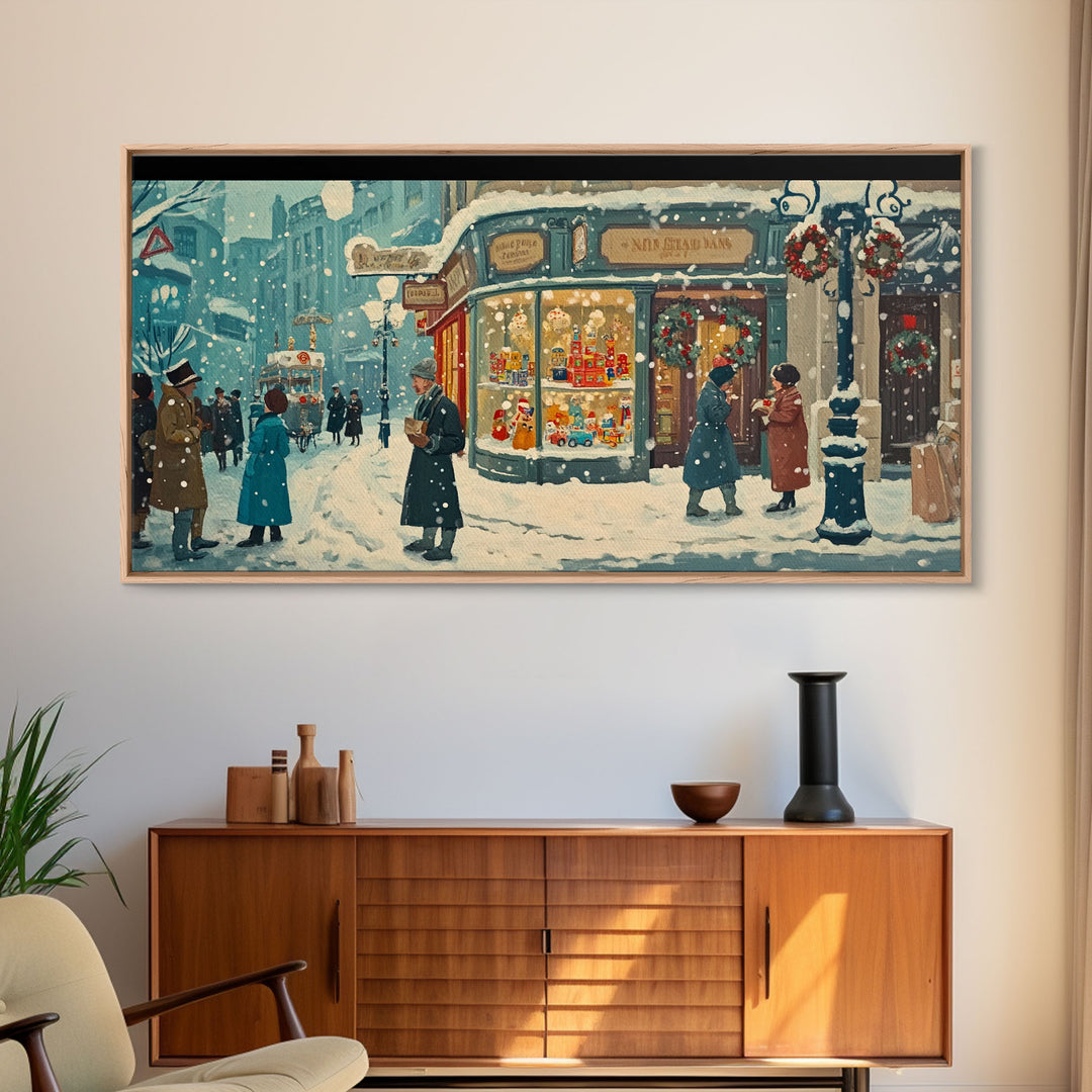 Vintage Christmas Street Framed Canvas Print, Victorian Christmas Decor, Winter Scene Art, Christmas Home Decor, Holiday Wall Art Gift