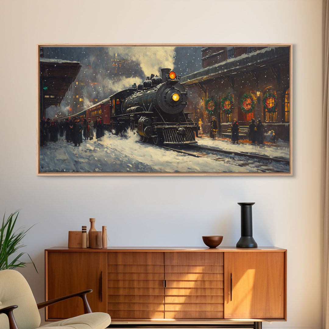 Winter Train Station Framed Canvas Print, Snowy Christmas Scene, Vintage Holiday Decor, Christmas Home Decor, Trendy Christmas Art