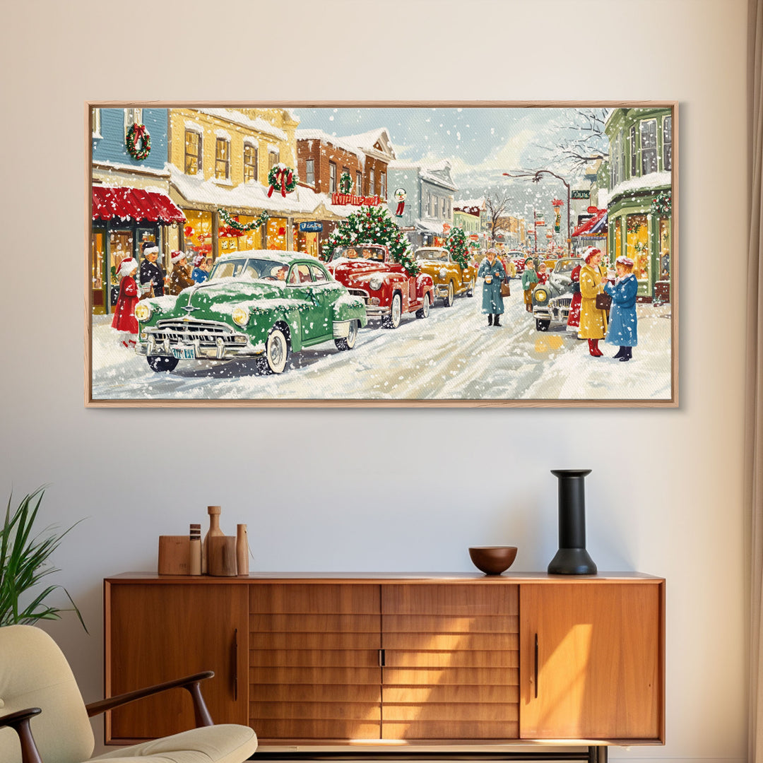 Festive Small Town Framed Canvas Print, Retro Christmas Village Scene, Vintage Christmas Decor, Christmas Vacation Art, Holiday Wall Art