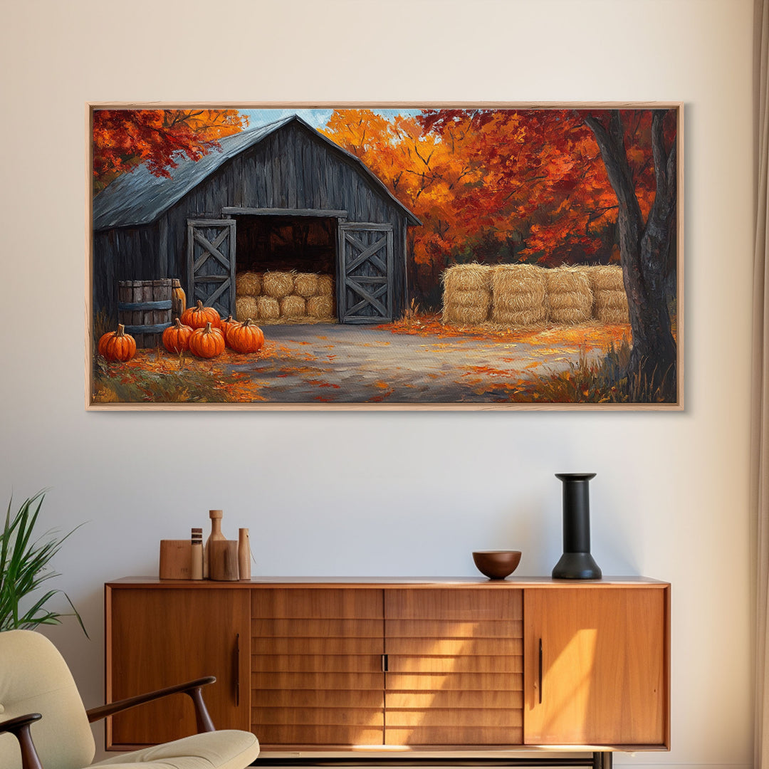 Fall Barnyard with Pumpkins Framed Canvas Print Farmhouse Decor, Fall Art Print, Rustic Home Decor, Seasonal Gift Wall Art