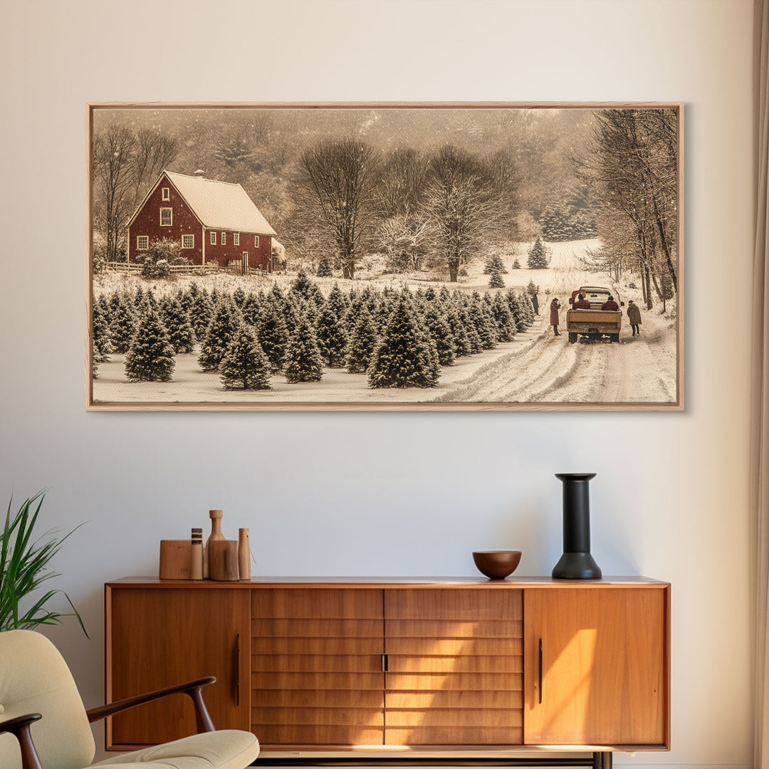 Snowy Farmhouse Christmas Tree Framed Canvas Print - Country Christmas Decor with Rustic Vintage Charm and Holiday Wall Art