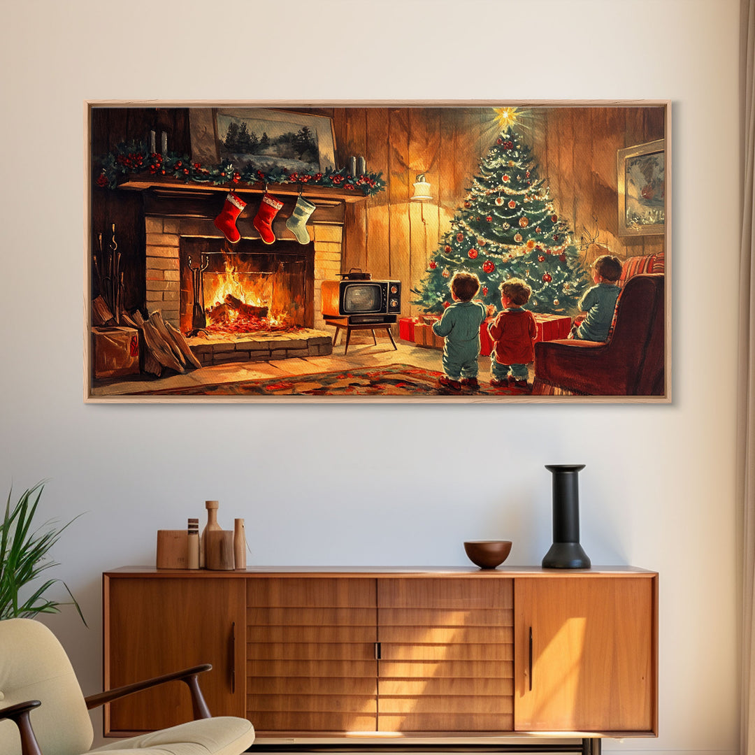 Vintage Christmas living room scene with fireplace and children, 2024 Christmas home decor, framed canvas print, vintage Christmas wall art