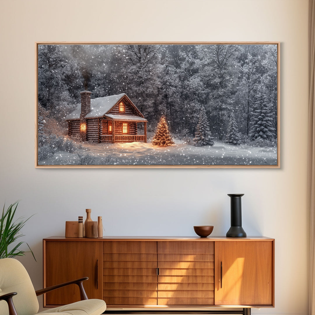 Winter cabin with Christmas tree outdoor decor, snowy landscape art, framed canvas print, winter wonderland wall art, holiday decor