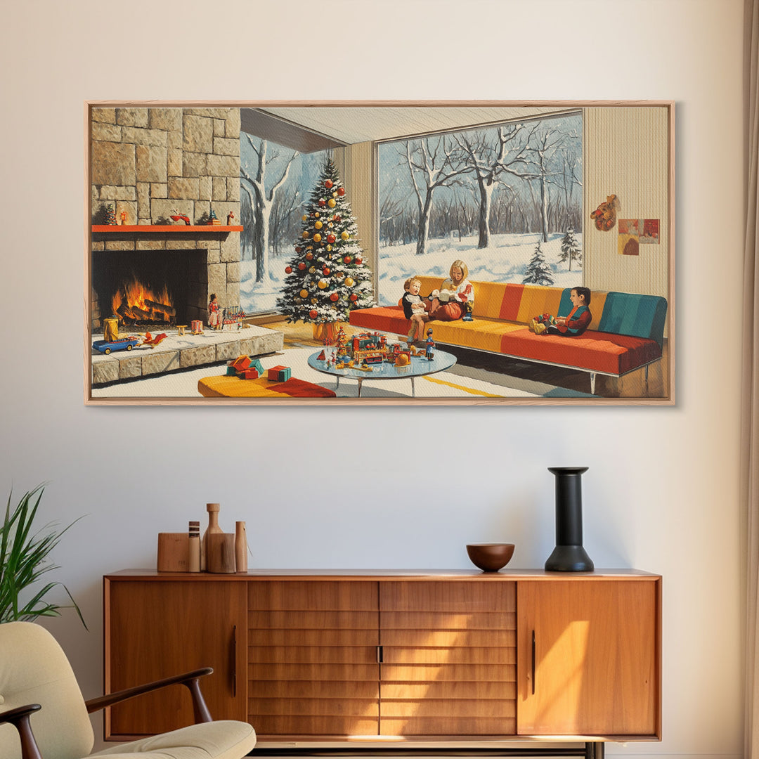 Mid century modern Christmas scene with fireplace and tree, retro Christmas decor, framed canvas print, 1960s Christmas home decor