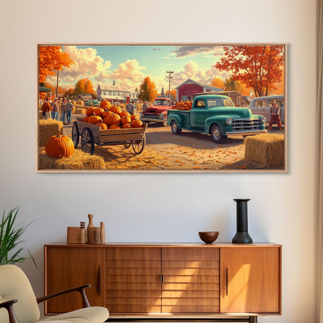 Fall pumpkin harvest with vintage trucks, country autumn decor, canvas print, fall farmhouse wall art, seasonal decor