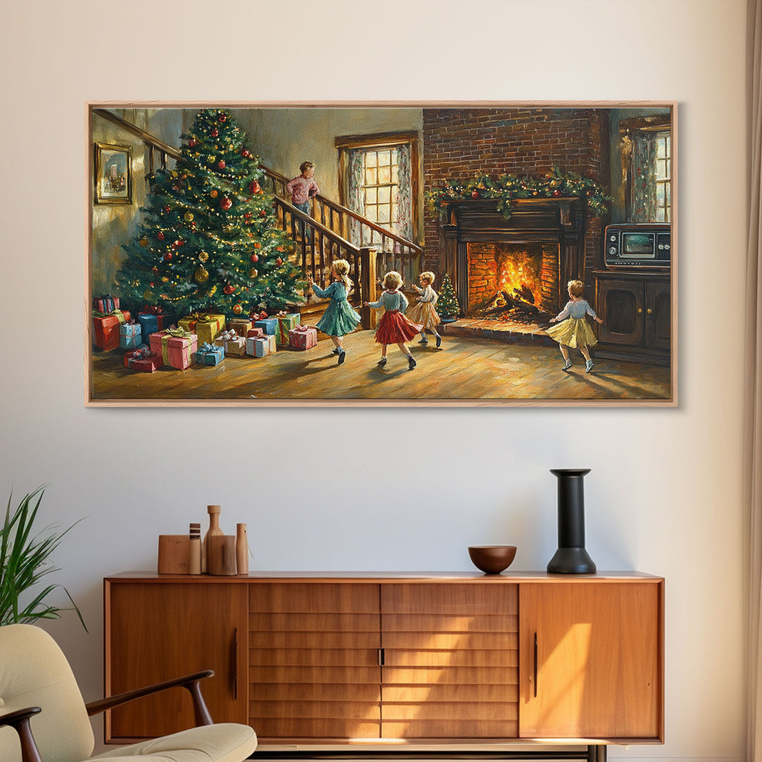 Vintage Christmas living room with fireplace and tree, children and presents, framed canvas print, Christmas decor, holiday wall art