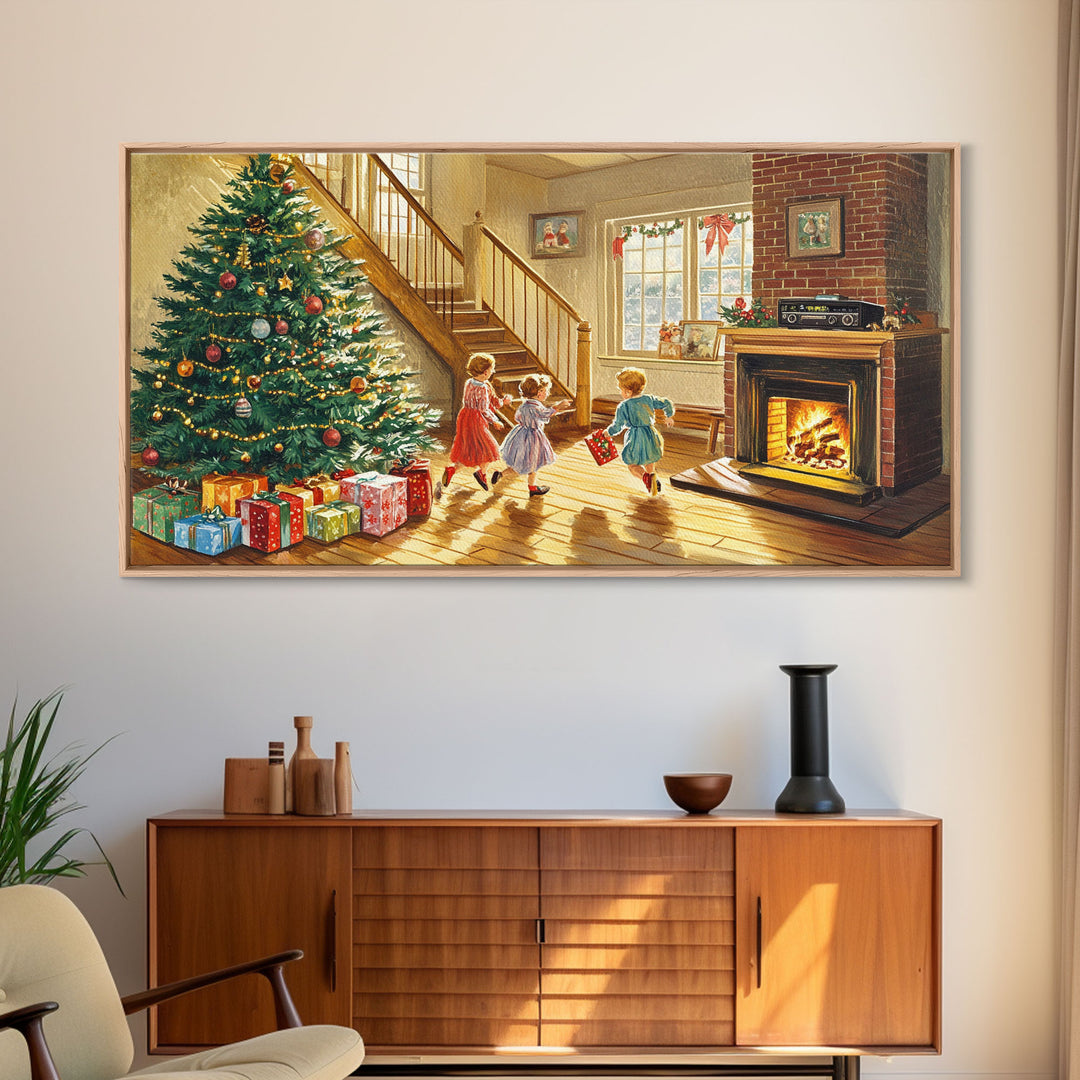 Cozy Christmas living room scene with tree and presents, vintage holiday decor, canvas print, Christmas wall art, Christmas decor